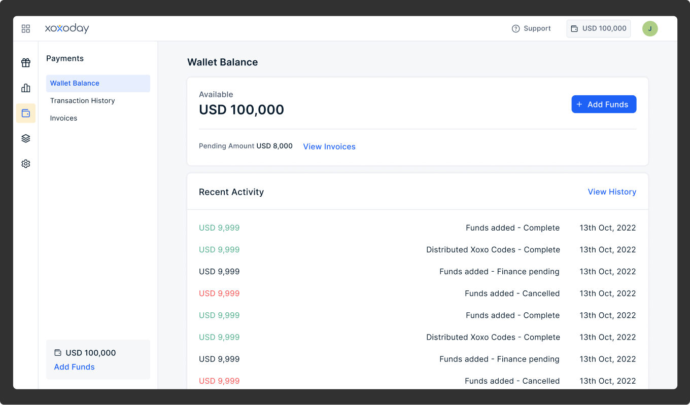 Wallet overview showing available balance, pending funds, and recent activity